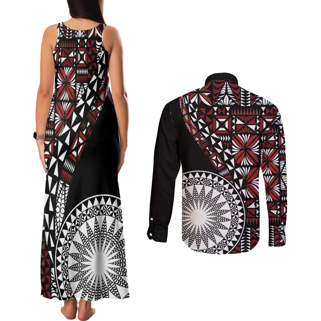 Red Tongan Ngatu Fonulei Pattern Couples Matching Tank Maxi Dress and Long Sleeve Button Shirt