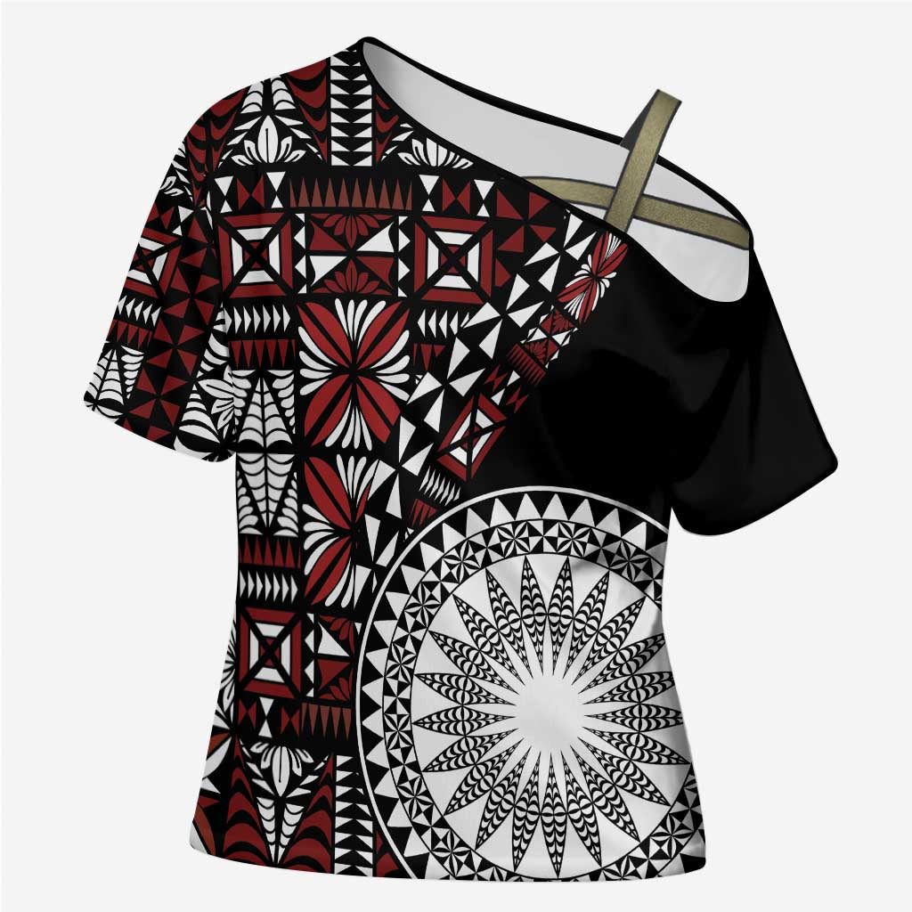 Red Tongan Ngatu Fonulei Pattern Cross Shoulder Shirt - Polynesian Pride