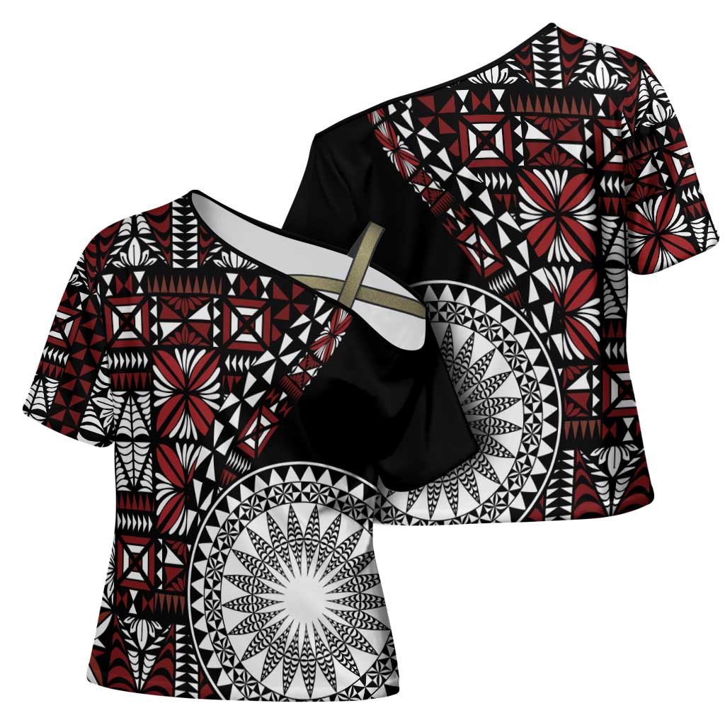 Red Tongan Ngatu Fonulei Pattern Cross Shoulder Shirt - Polynesian Pride