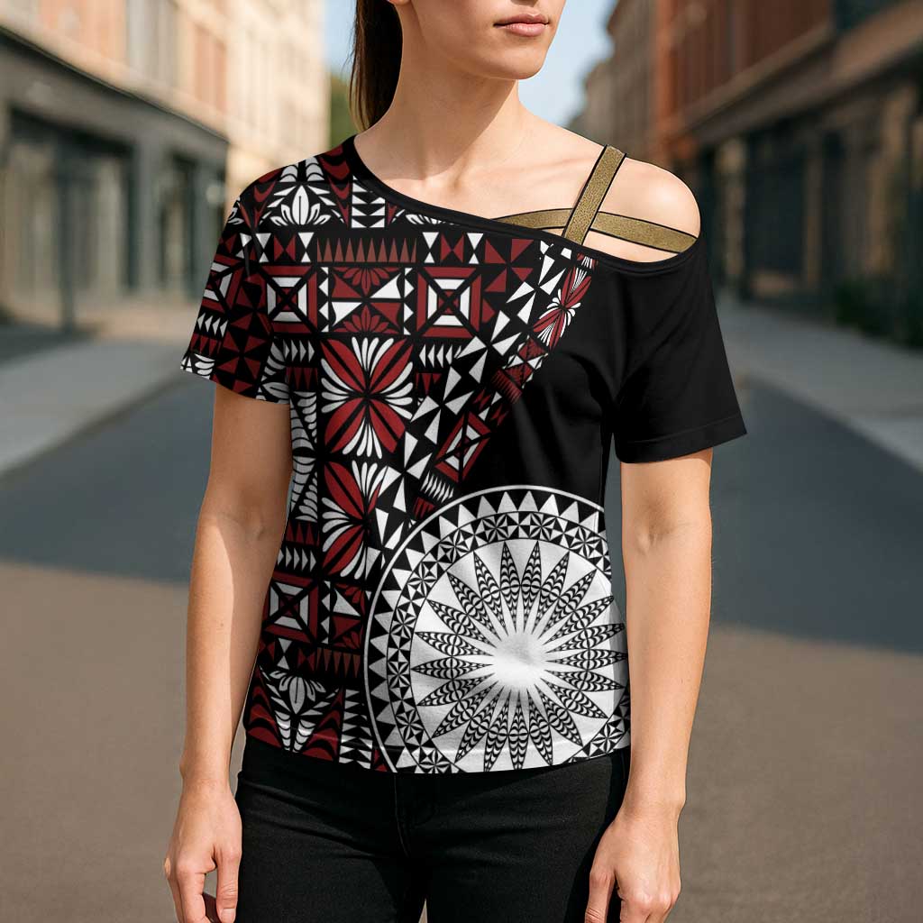 Red Tongan Ngatu Fonulei Pattern Cross Shoulder Shirt - Polynesian Pride