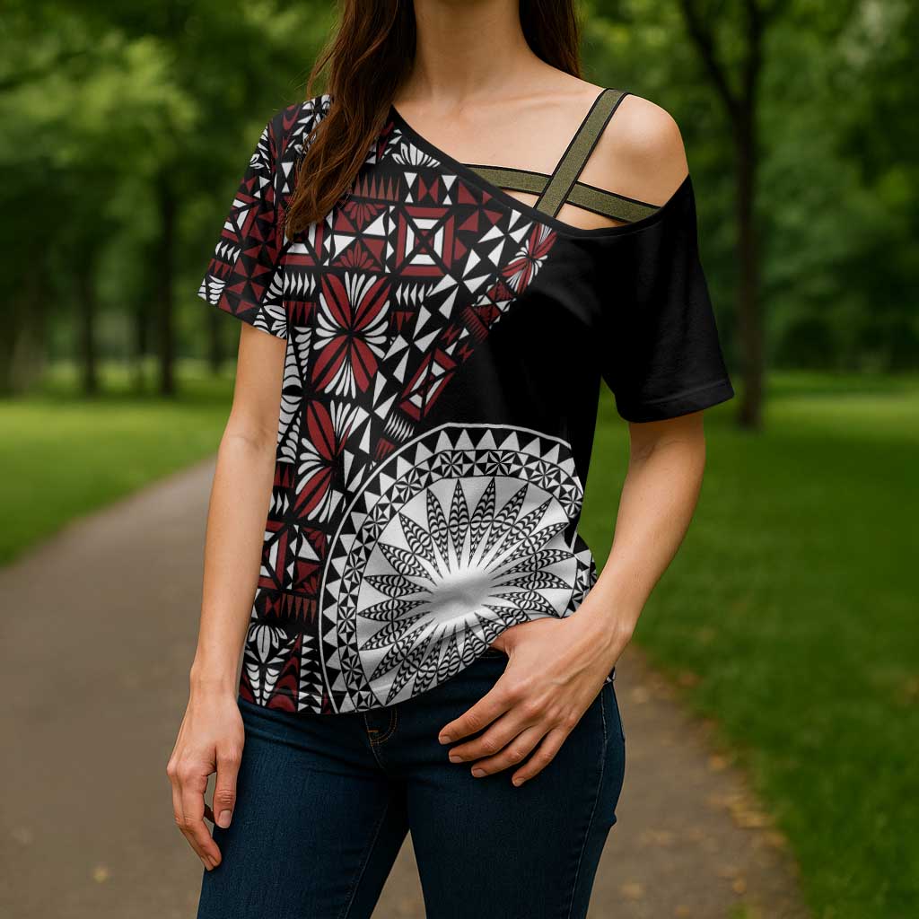 Red Tongan Ngatu Fonulei Pattern Cross Shoulder Shirt - Polynesian Pride