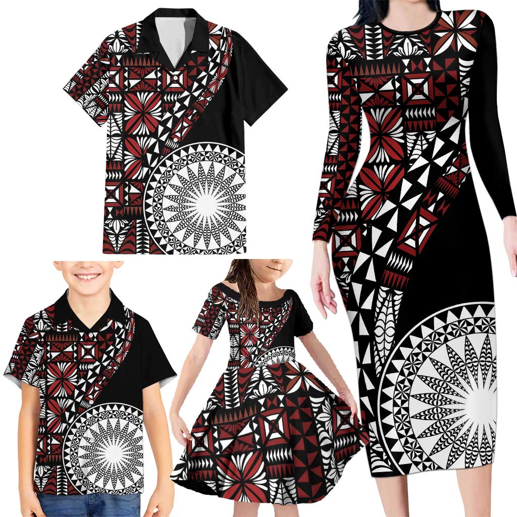 Red Tongan Ngatu Fonulei Pattern Family Matching Long Sleeve Bodycon Dress and Hawaiian Shirt