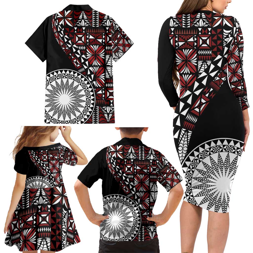 Red Tongan Ngatu Fonulei Pattern Family Matching Long Sleeve Bodycon Dress and Hawaiian Shirt