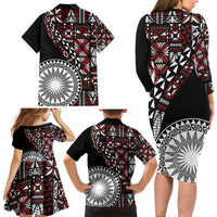 Red Tongan Ngatu Fonulei Pattern Family Matching Long Sleeve Bodycon Dress and Hawaiian Shirt