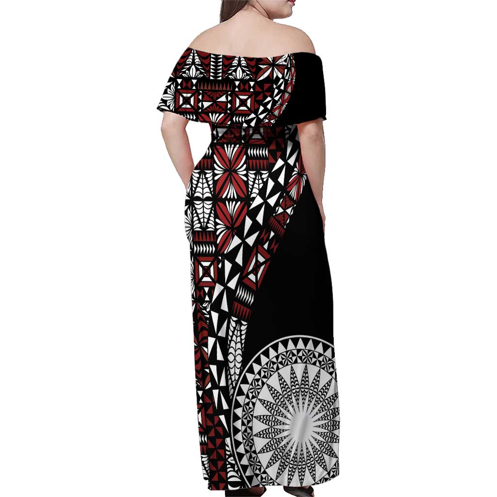 Red Tongan Ngatu Fonulei Pattern Family Matching Off Shoulder Maxi Dress and Hawaiian Shirt