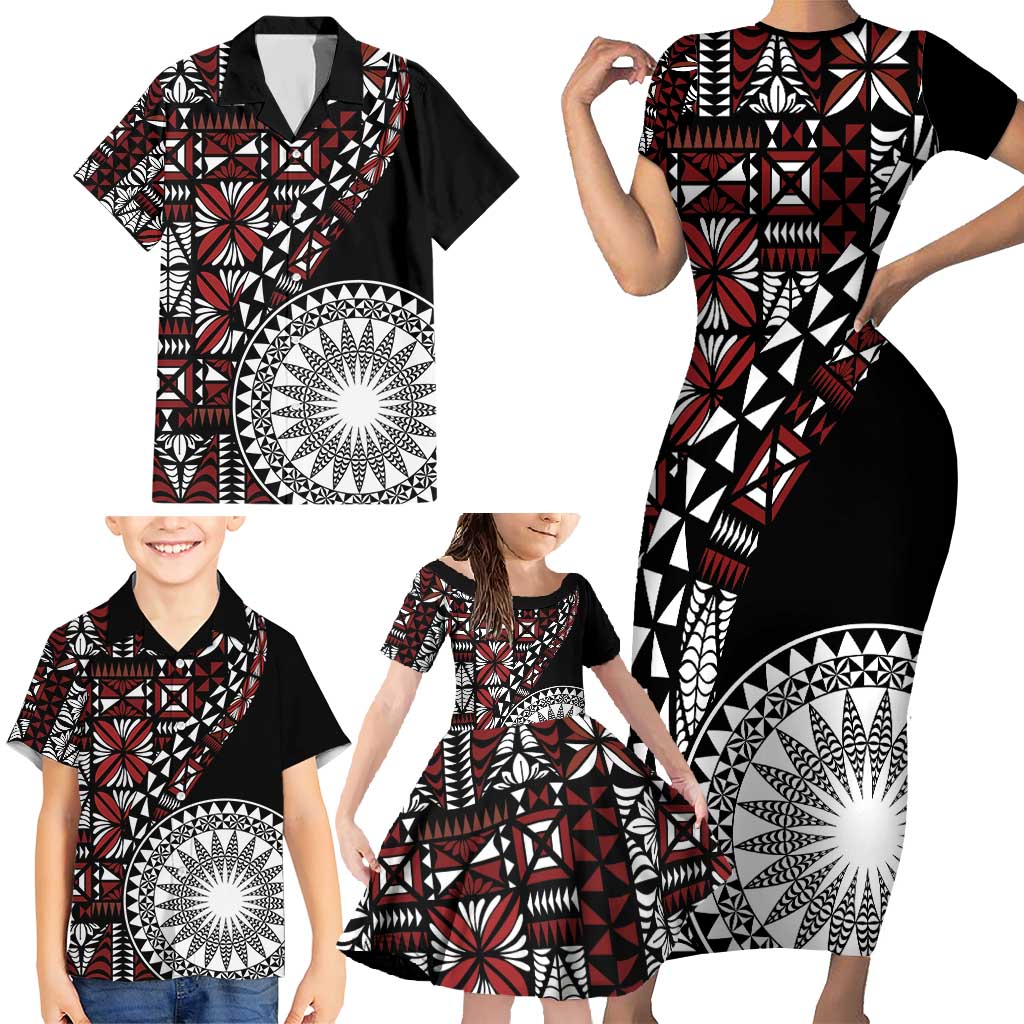 Red Tongan Ngatu Fonulei Pattern Family Matching Short Sleeve Bodycon Dress and Hawaiian Shirt
