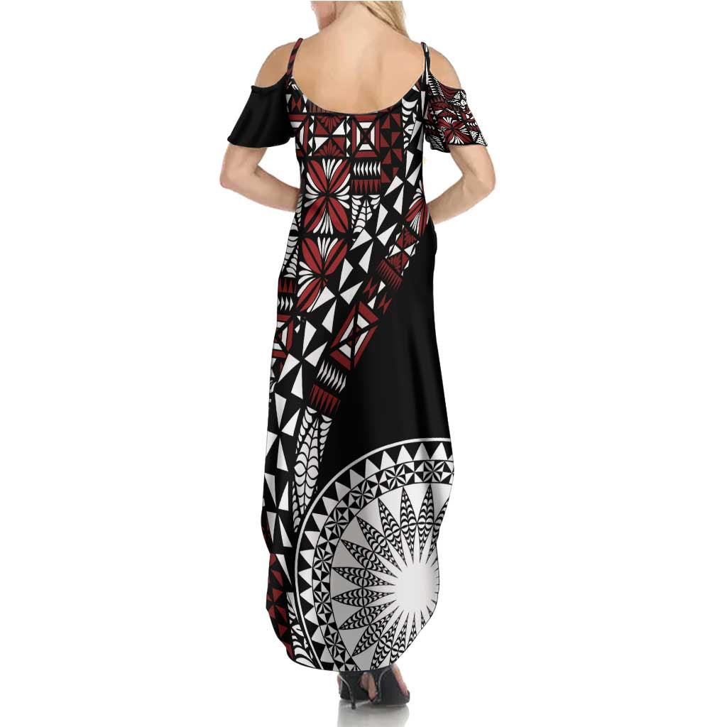 Red Tongan Ngatu Fonulei Pattern Family Matching Summer Maxi Dress and Hawaiian Shirt