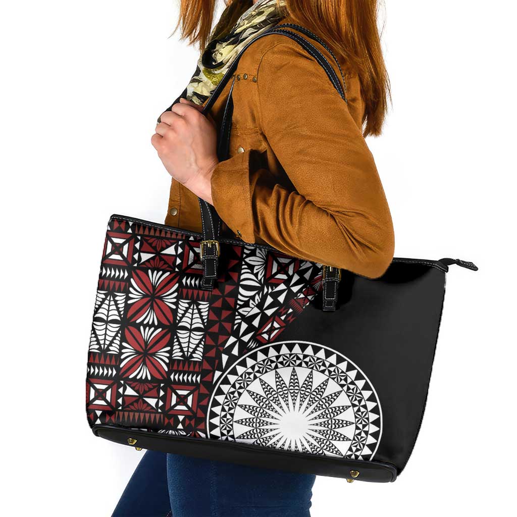 Red Tongan Ngatu Fonulei Pattern Leather Tote Bag