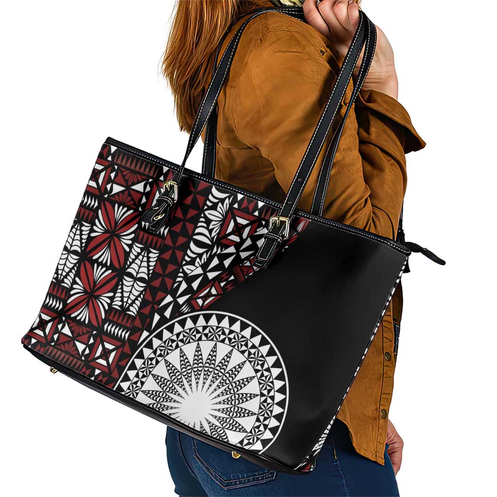 Red Tongan Ngatu Fonulei Pattern Leather Tote Bag