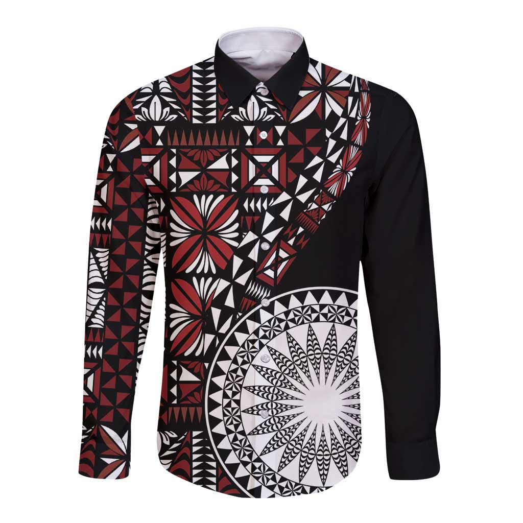 Red Tongan Ngatu Fonulei Pattern Long Sleeve Button Shirt