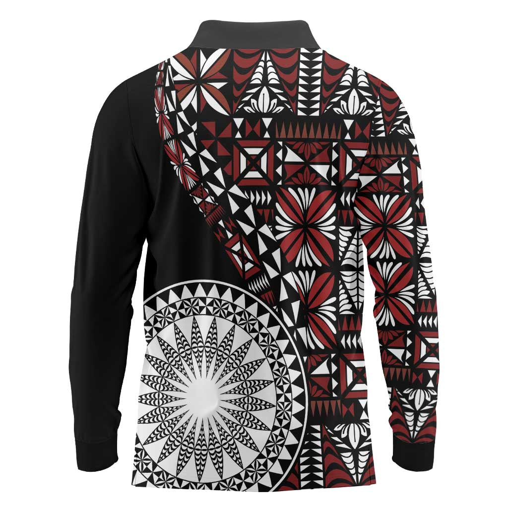 Red Tongan Ngatu Fonulei Pattern Long Sleeve Polo Shirt