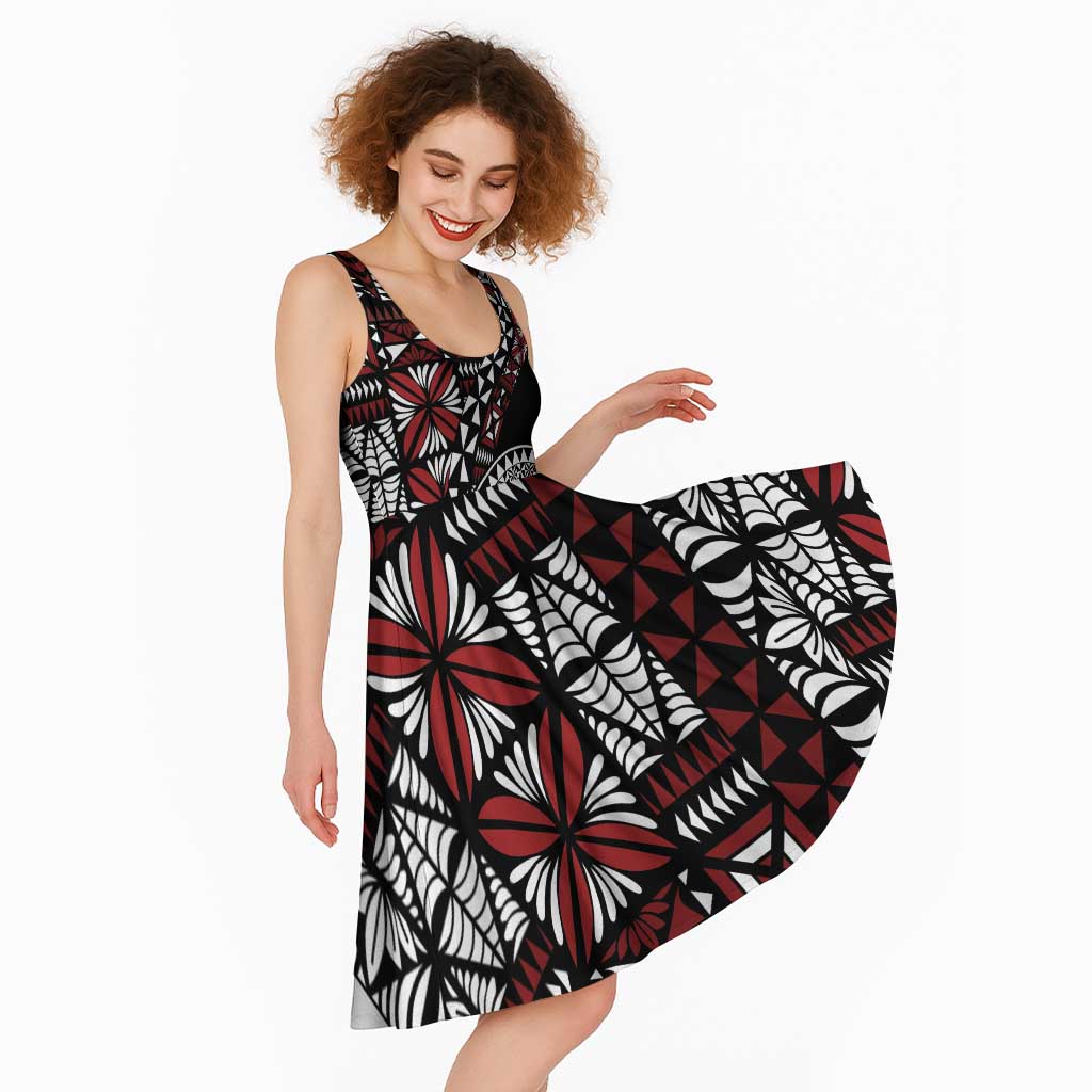 Red Tongan Ngatu Fonulei Pattern Midi Dress - Polynesian Pride
