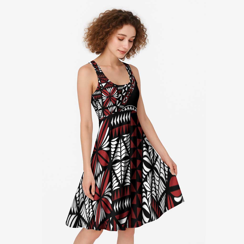 Red Tongan Ngatu Fonulei Pattern Midi Dress - Polynesian Pride