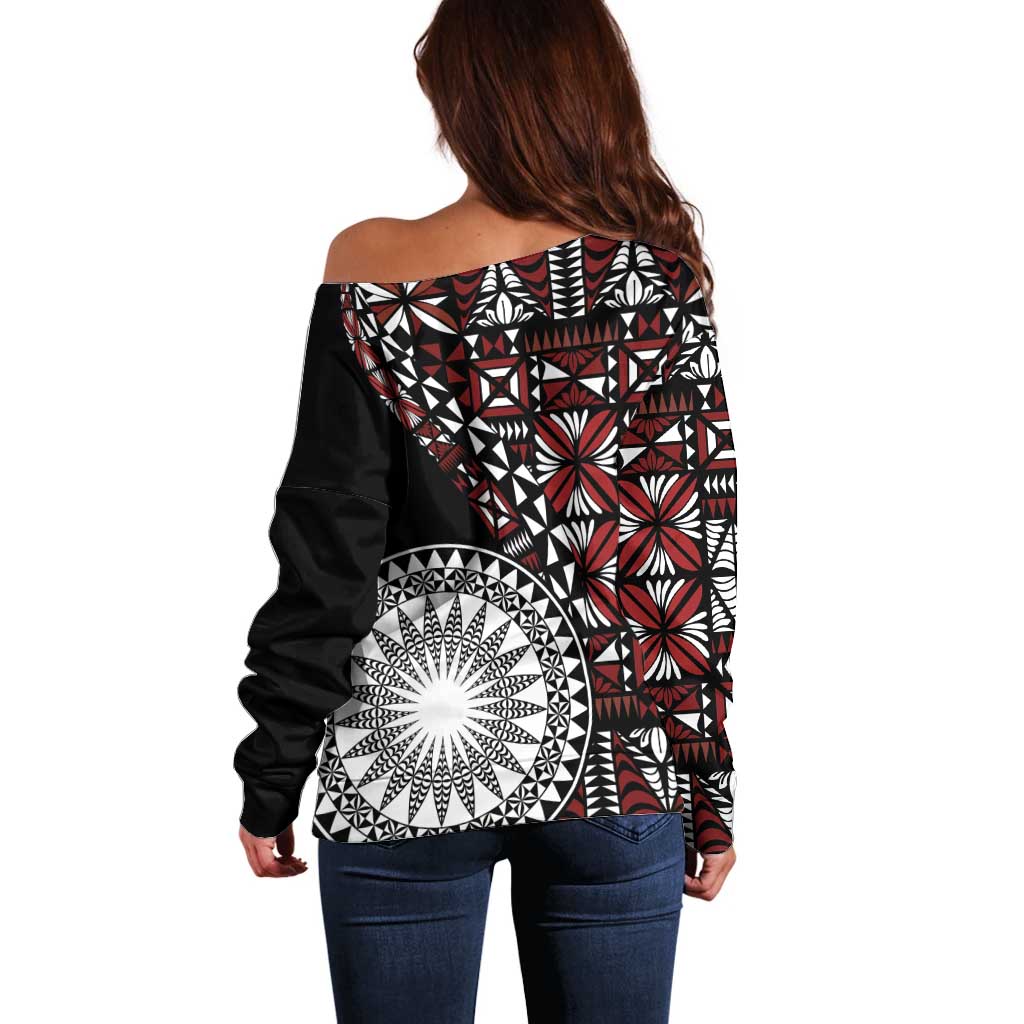 Red Tongan Ngatu Fonulei Pattern Off Shoulder Sweater