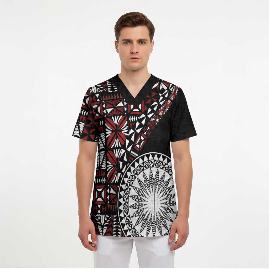 Red Tongan Ngatu Fonulei Pattern Scrub Top - Polynesian Pride