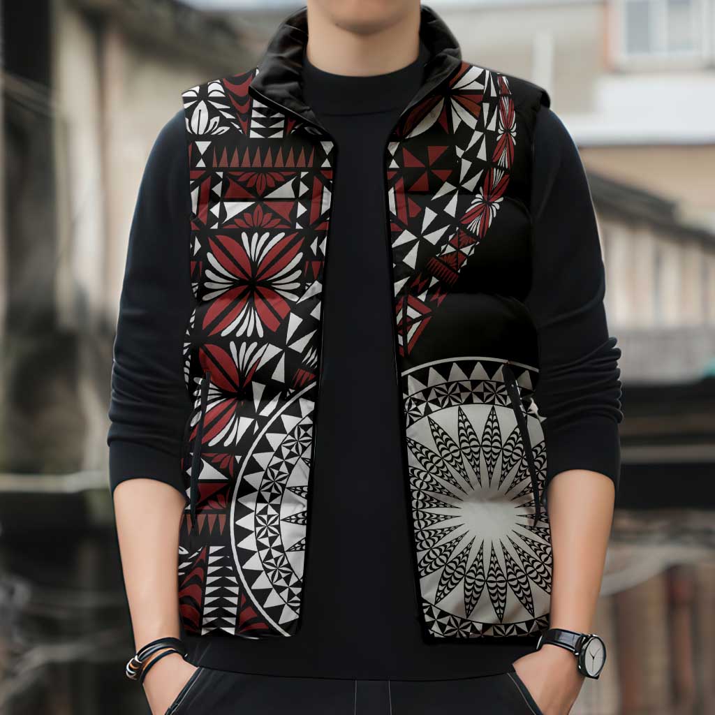 Red Tongan Ngatu Fonulei Pattern Sleeveless Puffer Jacket - Polynesian Pride