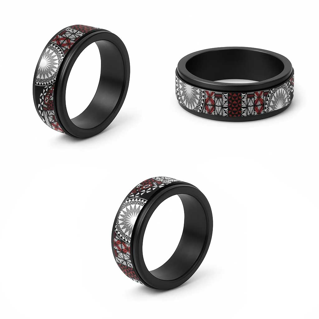 Red Tongan Ngatu Fonulei Pattern Spinner Ring - Polynesian Pride