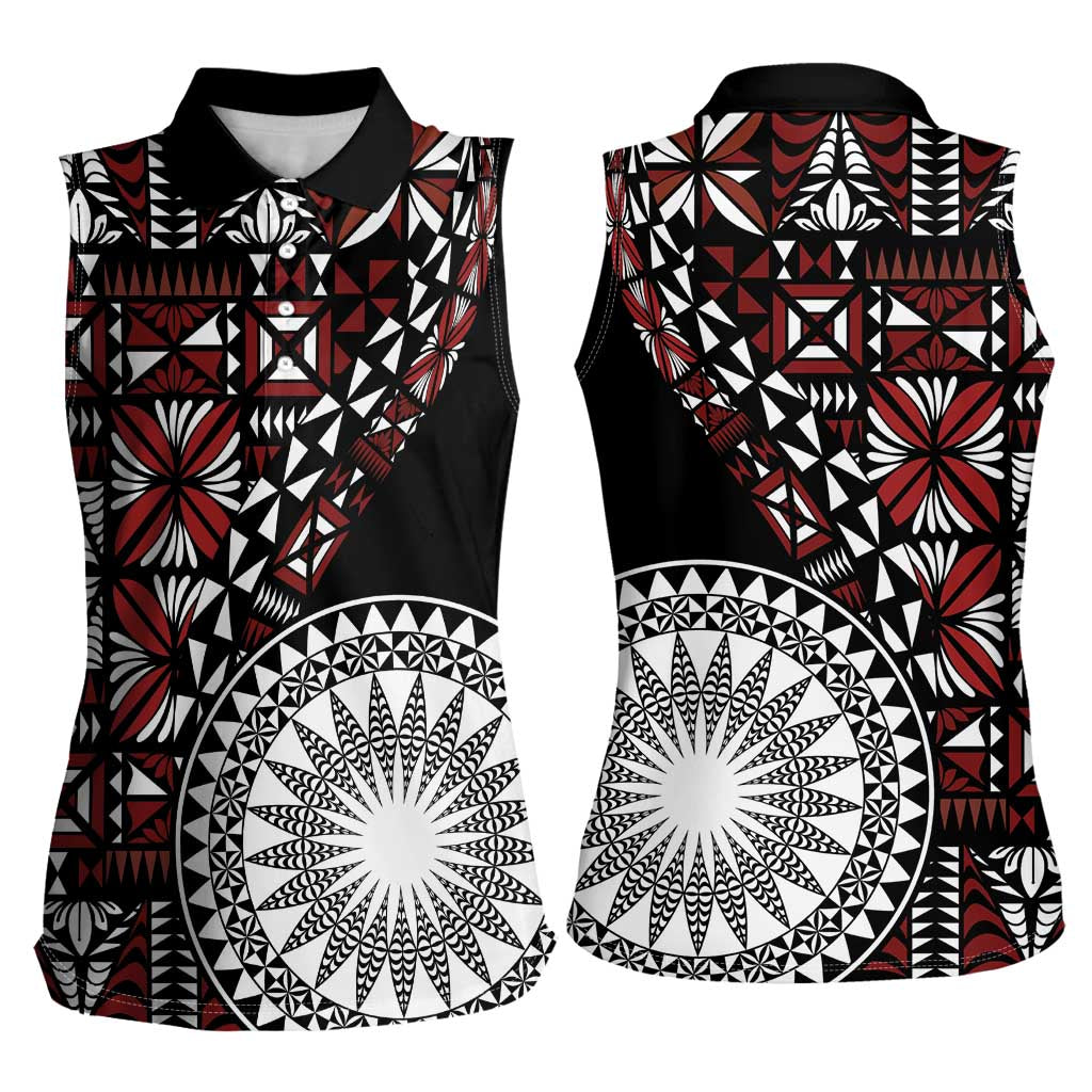 Red Tongan Ngatu Fonulei Pattern Women Sleeveless Polo Shirt