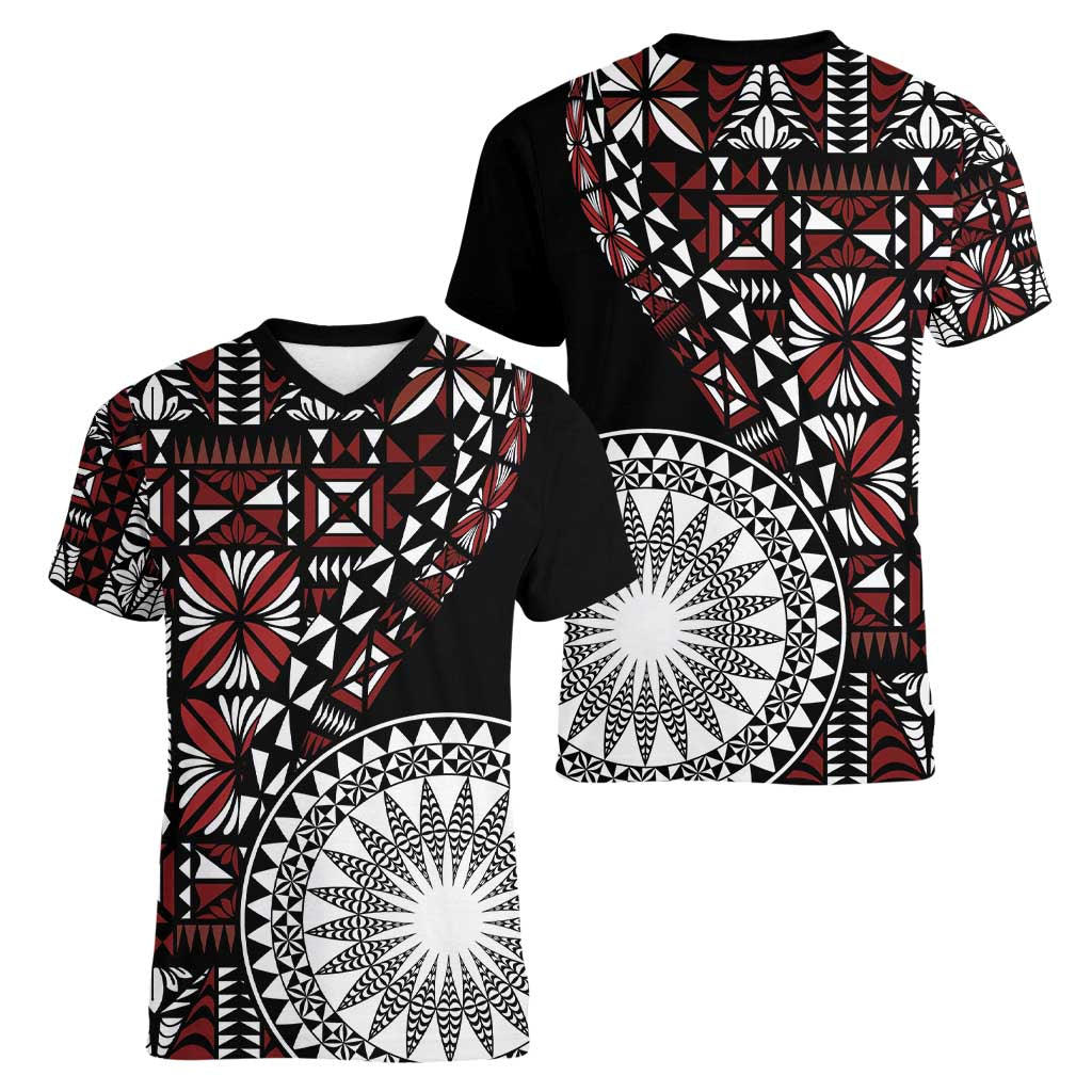 Red Tongan Ngatu Fonulei Pattern Women V-Neck T-Shirt