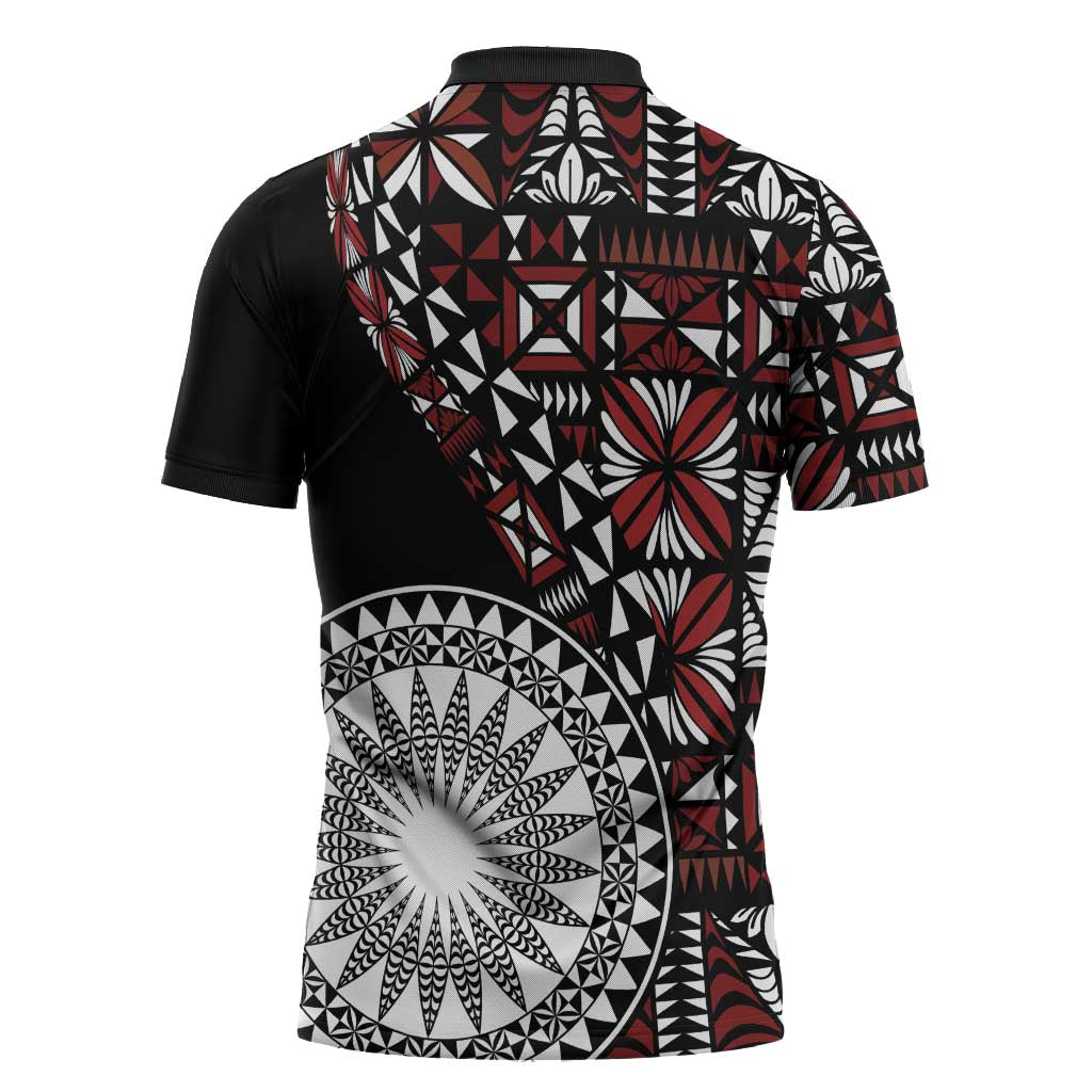 Red Tongan Ngatu Fonulei Pattern Zipper Polo Shirt - Polynesian Pride