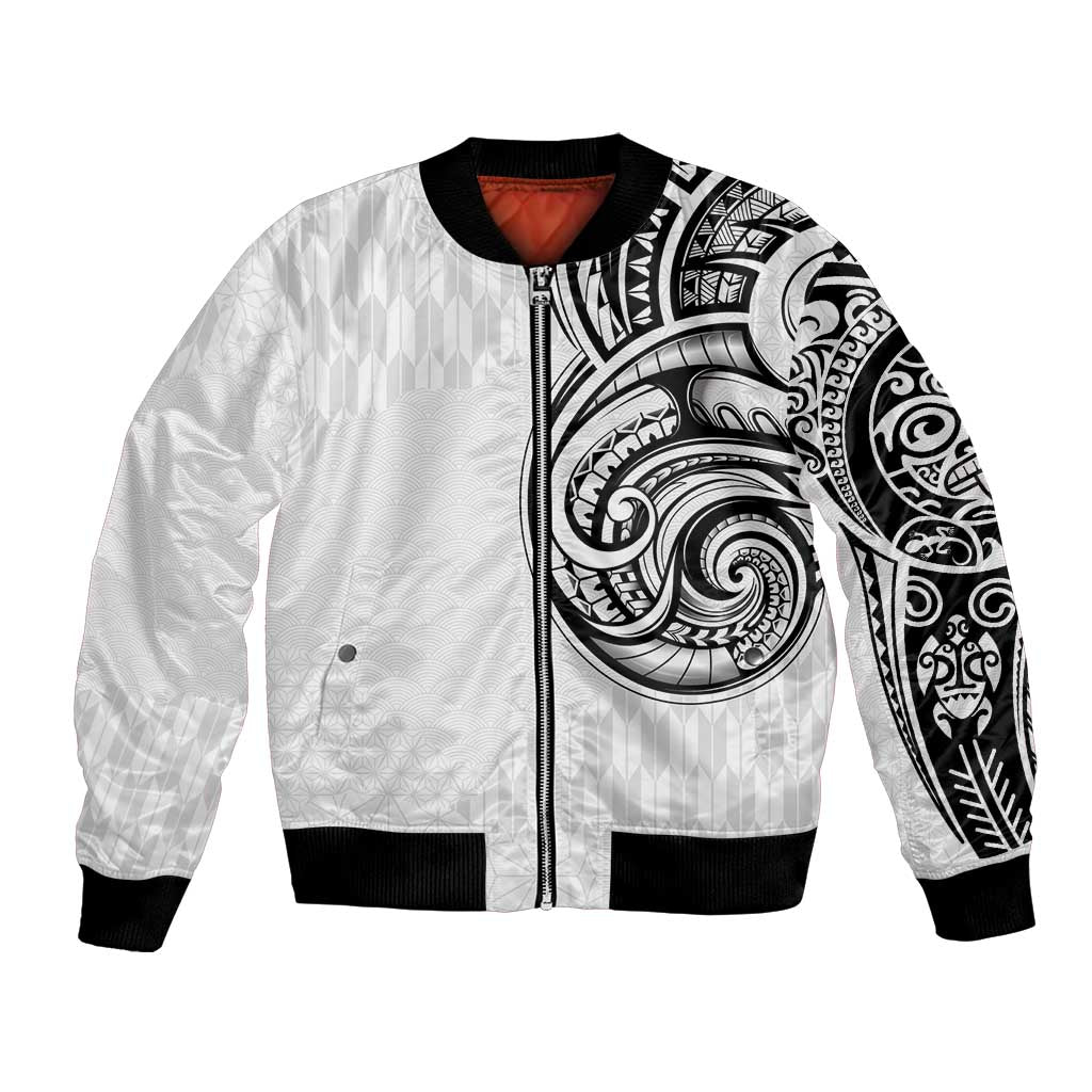 Hawaii and Japanese Culture Personalised Bomber Jacket With Polynesian Tribal Tattoo Style LT9 Unisex White - Polynesian Pride