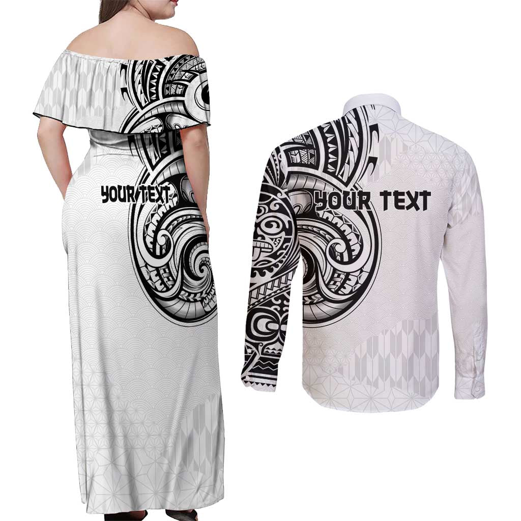 Hawaii and Japanese Culture Personalised Couples Matching Off Shoulder Maxi Dress and Long Sleeve Button Shirt With Polynesian Tribal Tattoo Style
