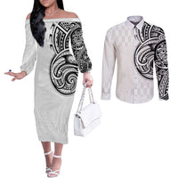 Hawaii and Japanese Culture Personalised Couples Matching Off The Shoulder Long Sleeve Dress and Long Sleeve Button Shirt With Polynesian Tribal Tattoo Style LT9 White - Polynesian Pride