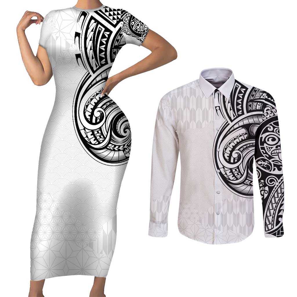 Hawaii and Japanese Culture Personalised Couples Matching Short Sleeve Bodycon Dress and Long Sleeve Button Shirt With Polynesian Tribal Tattoo Style LT9 White - Polynesian Pride
