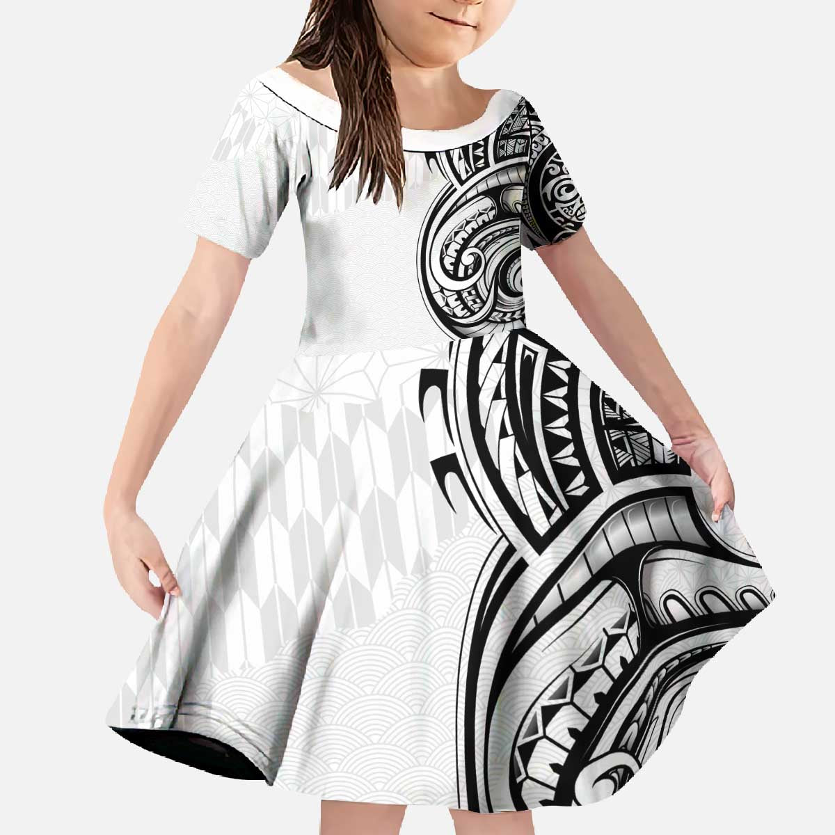 Hawaii and Japanese Culture Personalised Family Matching Off The Shoulder Long Sleeve Dress and Hawaiian Shirt With Polynesian Tribal Tattoo Style