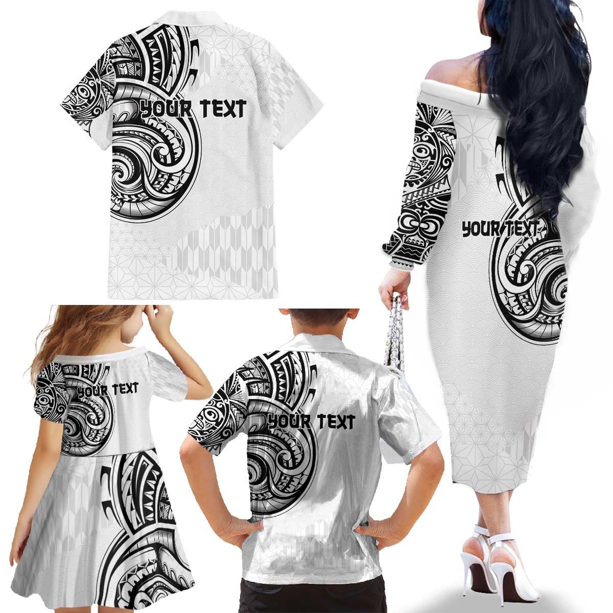 Hawaii and Japanese Culture Personalised Family Matching Off The Shoulder Long Sleeve Dress and Hawaiian Shirt With Polynesian Tribal Tattoo Style