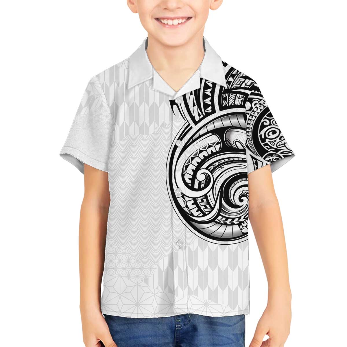 Hawaii and Japanese Culture Personalised Family Matching Off The Shoulder Long Sleeve Dress and Hawaiian Shirt With Polynesian Tribal Tattoo Style