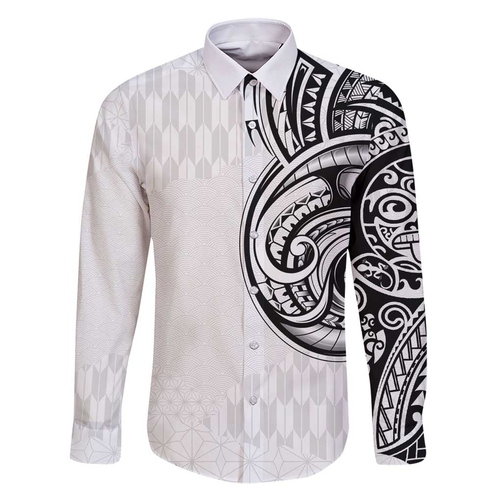 Hawaii and Japanese Culture Personalised Family Matching Puletasi and Hawaiian Shirt With Polynesian Tribal Tattoo Style LT9 Dad's Shirt - Long Sleeve White - Polynesian Pride