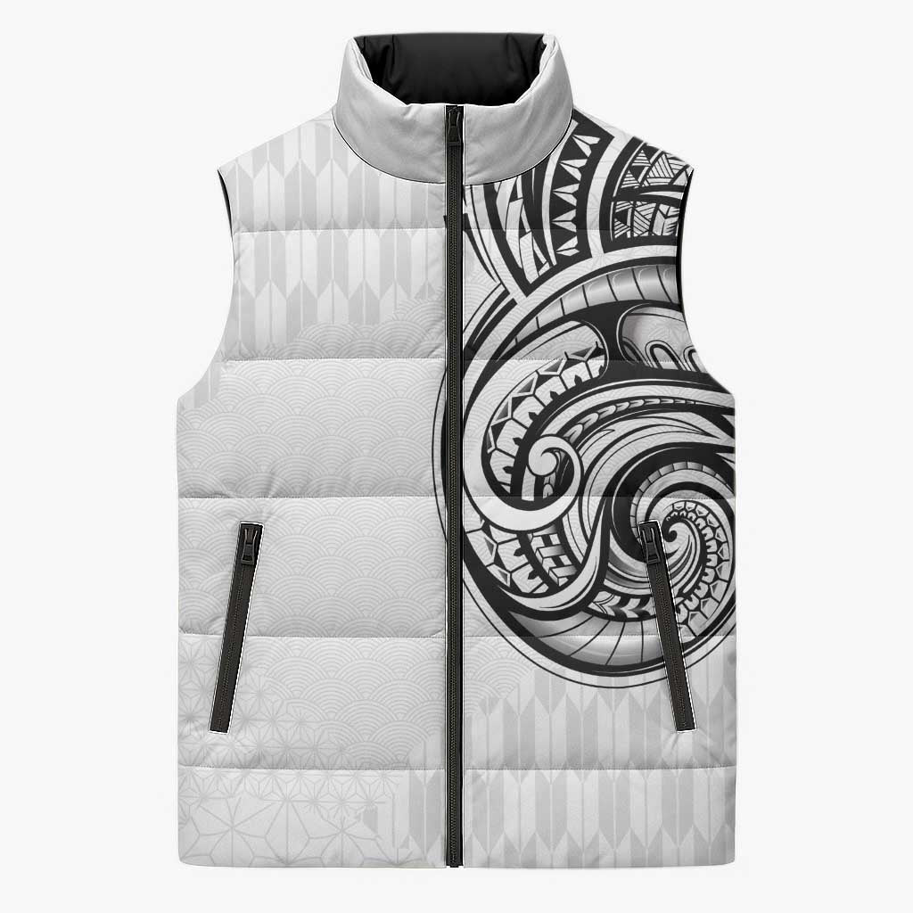 Hawaii and Japanese Culture Personalised Sleeveless Puffer Jacket With Polynesian Tribal Tattoo Style LT9 Unisex White - Polynesian Pride