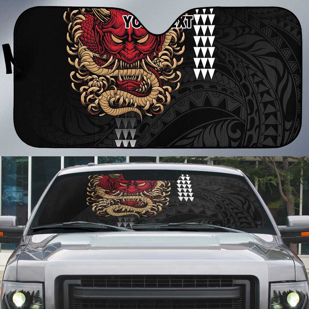 Hawaii and Japanese Oni Mask Personalised Auto Sun Shade Kakau Pattern Dark Art Style - Polynesian Pride