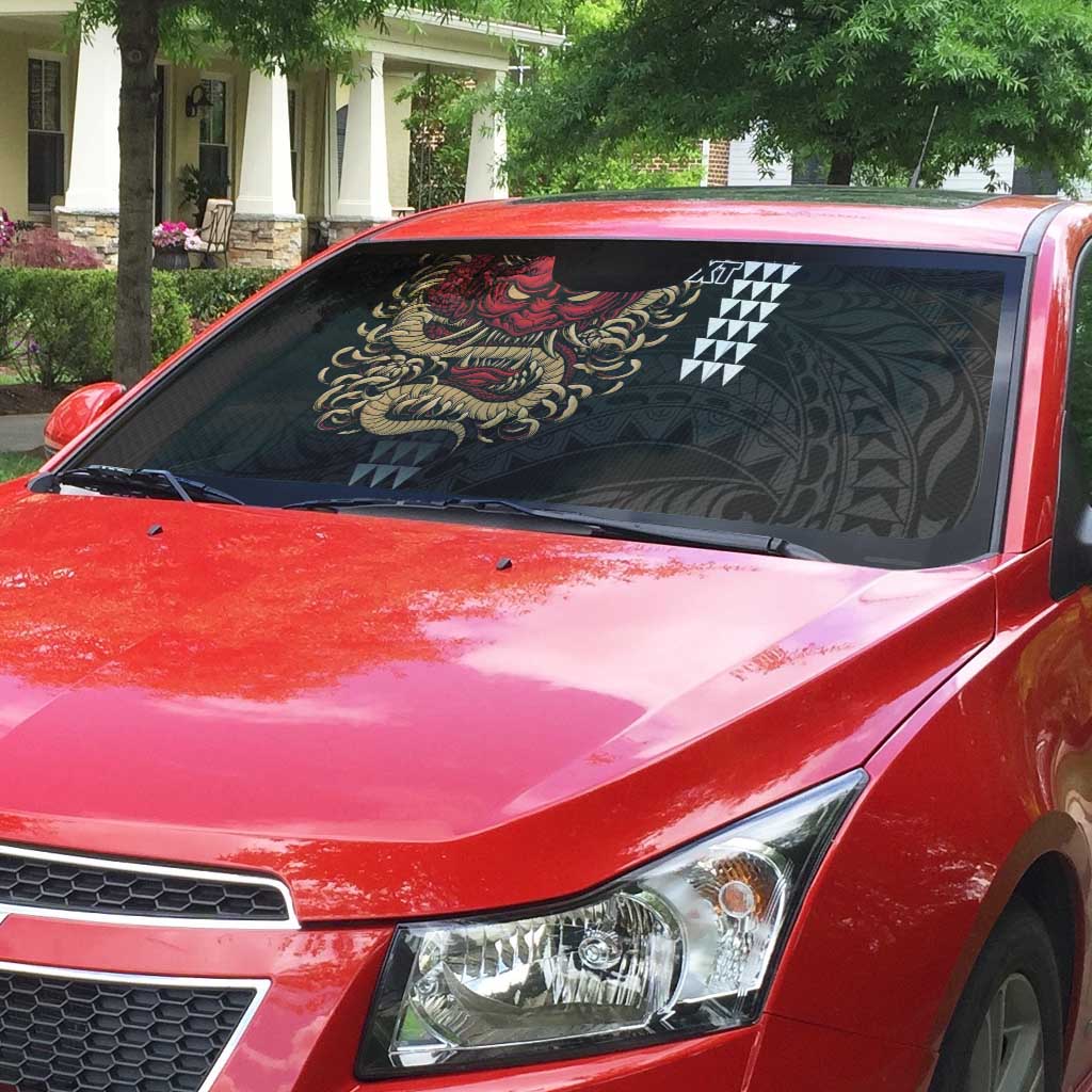 Hawaii and Japanese Oni Mask Personalised Auto Sun Shade Kakau Pattern Dark Art Style - Polynesian Pride