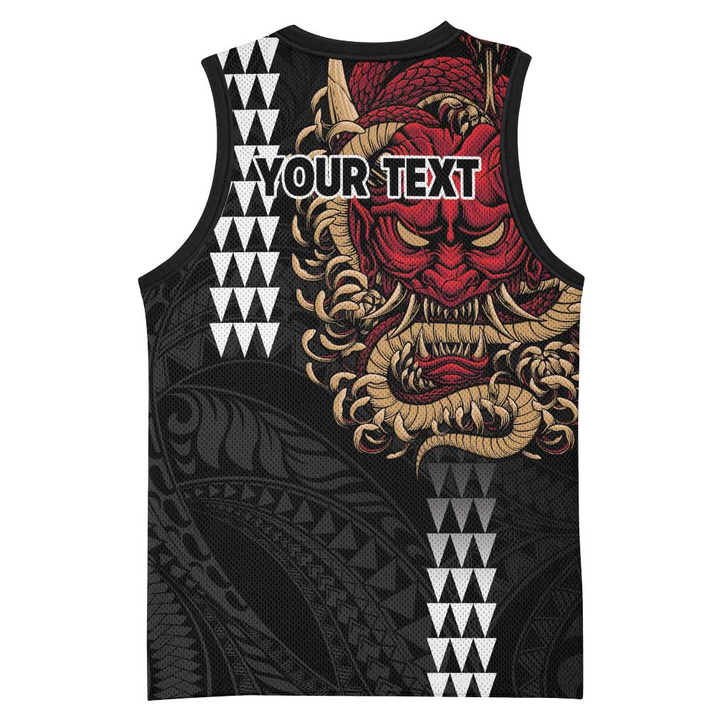 Hawaii and Japanese Oni Mask Personalised Basketball Jersey Kakau Pattern Dark Art Style - Polynesian Pride
