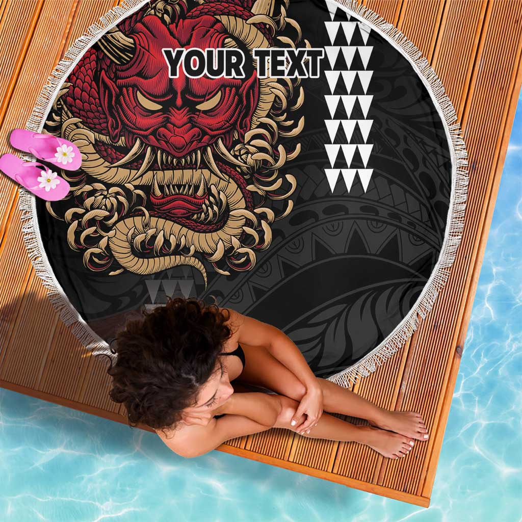Hawaii and Japanese Oni Mask Personalised Beach Blanket Kakau Pattern Dark Art Style