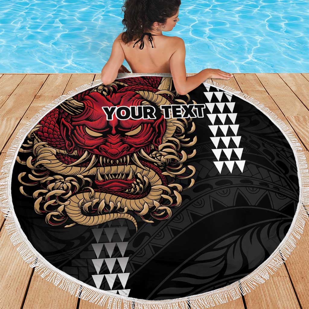 Hawaii and Japanese Oni Mask Personalised Beach Blanket Kakau Pattern Dark Art Style