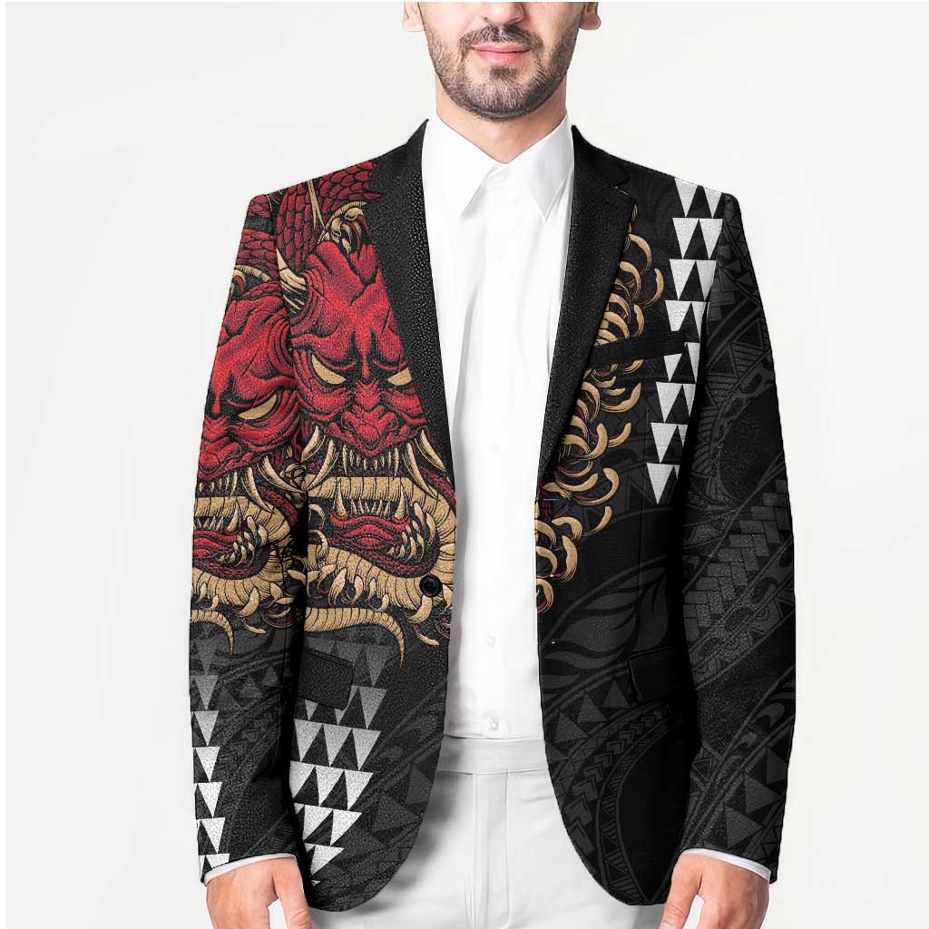 Hawaii and Japanese Oni Mask Personalised Blazer Kakau Pattern Dark Art Style - Polynesian Pride