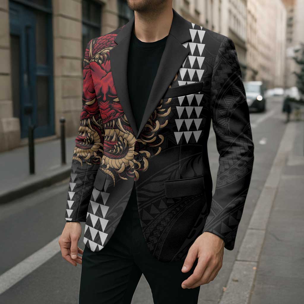 Hawaii and Japanese Oni Mask Personalised Blazer Kakau Pattern Dark Art Style - Polynesian Pride