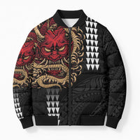 Hawaii and Japanese Oni Mask Personalised Bomber Puffer Jacket Kakau Pattern Dark Art Style - Polynesian Pride