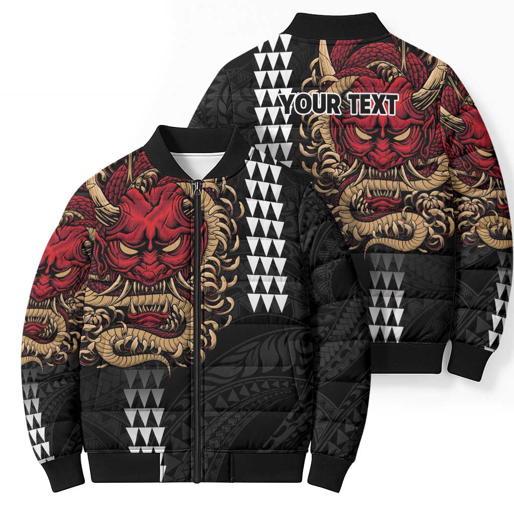 Hawaii and Japanese Oni Mask Personalised Bomber Puffer Jacket Kakau Pattern Dark Art Style - Polynesian Pride