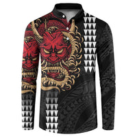 Hawaii and Japanese Oni Mask Personalised Button Sweatshirt Kakau Pattern Dark Art Style