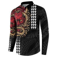 Hawaii and Japanese Oni Mask Personalised Button Sweatshirt Kakau Pattern Dark Art Style
