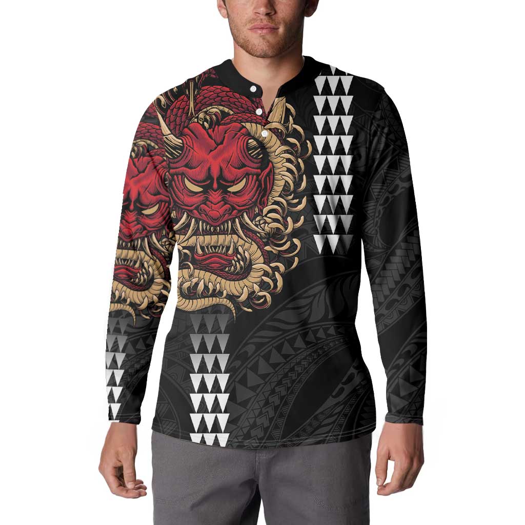 Hawaii and Japanese Oni Mask Personalised Button Sweatshirt Kakau Pattern Dark Art Style