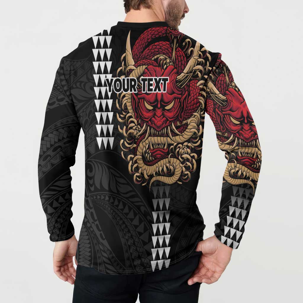 Hawaii and Japanese Oni Mask Personalised Button Sweatshirt Kakau Pattern Dark Art Style