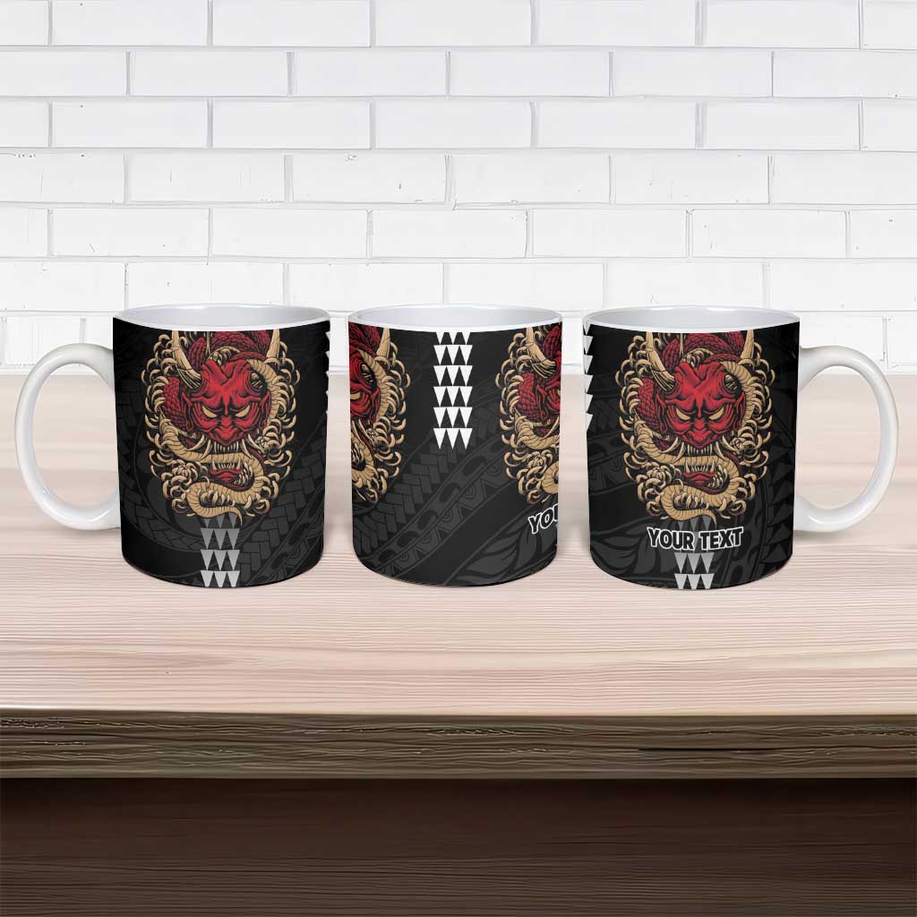 Hawaii and Japanese Oni Mask Personalised Ceramic Mug Kakau Pattern Dark Art Style - Polynesian Pride