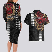 Hawaii and Japanese Oni Mask Personalised Couples Matching Long Sleeve Bodycon Dress and Hawaiian Shirt Kakau Pattern Dark Art Style