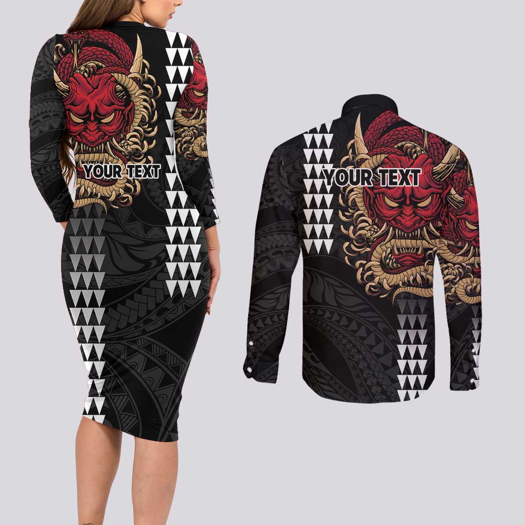 Hawaii and Japanese Oni Mask Personalised Couples Matching Long Sleeve Bodycon Dress and Long Sleeve Button Shirt Kakau Pattern Dark Art Style