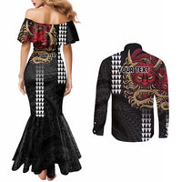 Hawaii and Japanese Oni Mask Personalised Couples Matching Mermaid Dress and Long Sleeve Button Shirt Kakau Pattern Dark Art Style